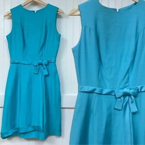 Vtg Mod Retro Dress Turquoise Sheath Prom Hoco Sleeveless Bow Belt Junior's S‎